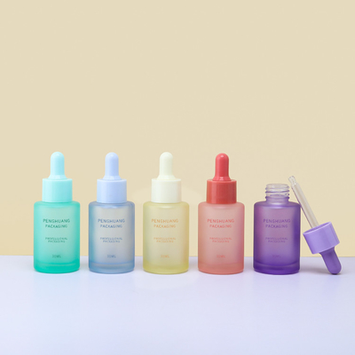Buzlu Renkli Cam Serum Şişesi Kozmetik Ambalaj Camı Esansiyel Yağ Damlalıklı Şişeler 30ml