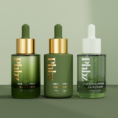 Kozmetik Ambalaj için Baskılı Cam 1oz Süslü Serum Damlalıklı Şişeler