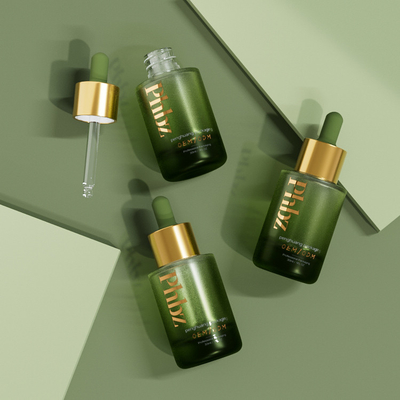Kozmetik Ambalaj için Baskılı Cam 1oz Süslü Serum Damlalıklı Şişeler