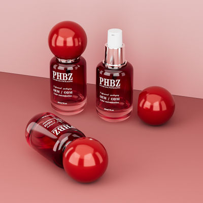 30ml / 1oz Boş Kırmızı Gradyan Cam Kozmetik Serum Şişesi, Yuvarlak Top Kapaklı, Losyon Esansiyel Yağ İçin Özel Renk OEM ODM Cilt Bakım Ambalajı