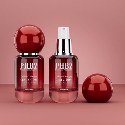 30ml / 1oz Boş Kırmızı Gradyan Cam Kozmetik Serum Şişesi, Yuvarlak Top Kapaklı, Losyon Esansiyel Yağ İçin Özel Renk OEM ODM Cilt Bakım Ambalajı