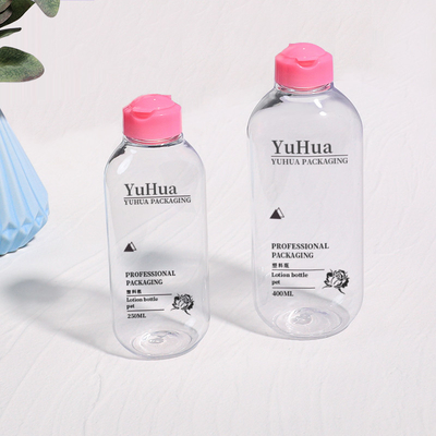 Özel yuvarlak plastik şampuan şişesi 250ml 400ml geri dönüştürülebilir flip top plastik losyon şişesi