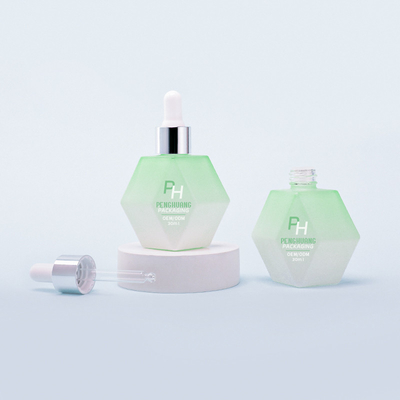 Özelleştirilmiş Eşsiz Şekil Dondurulmuş Yeşil Cam Serum Damla Şişeleri 30ml Esanslı Yağ Şişesi