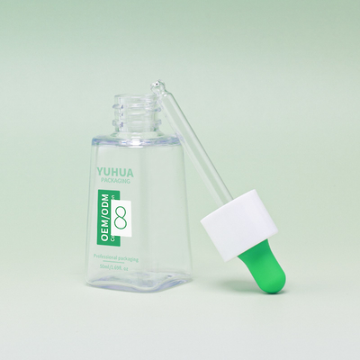 Özel Logo 50ml PET Kare Serum Damlalıklı Şişe Kauçuk Kapaklı