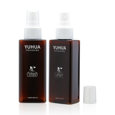 Fabrika fiyat toptan 100ml plastik şişe kare şekli amber renk tasarımı ile beyaz sprey pompası renk cistomzed