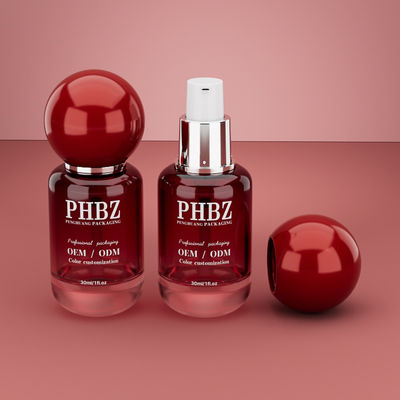 30ml / 1oz Boş Kırmızı Gradyan Cam Kozmetik Serum Şişesi, Yuvarlak Top Kapaklı, Losyon Esansiyel Yağ İçin Özel Renk OEM ODM Cilt Bakım Ambalajı