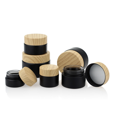 Kozmetik Ambalaj Seti Bambu Renkli Vidalı Kapaklı Siyah Mat Cam Kavanozlar 50g